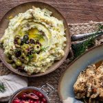 Greek Mashed Potatoes with Greek Yogurt, Feta, Dill, and Olive Topping